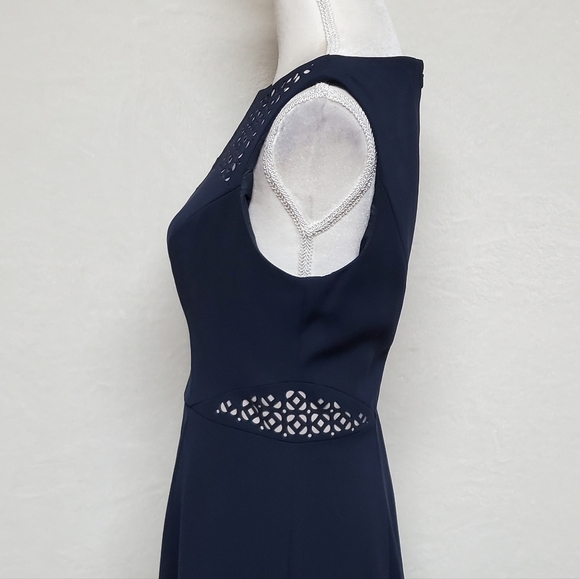 ANNE Klein Navy Blue Sleeveless Fit & Flare Lazer Cut Natural Waist Midi Dress - Picture 7 of 12